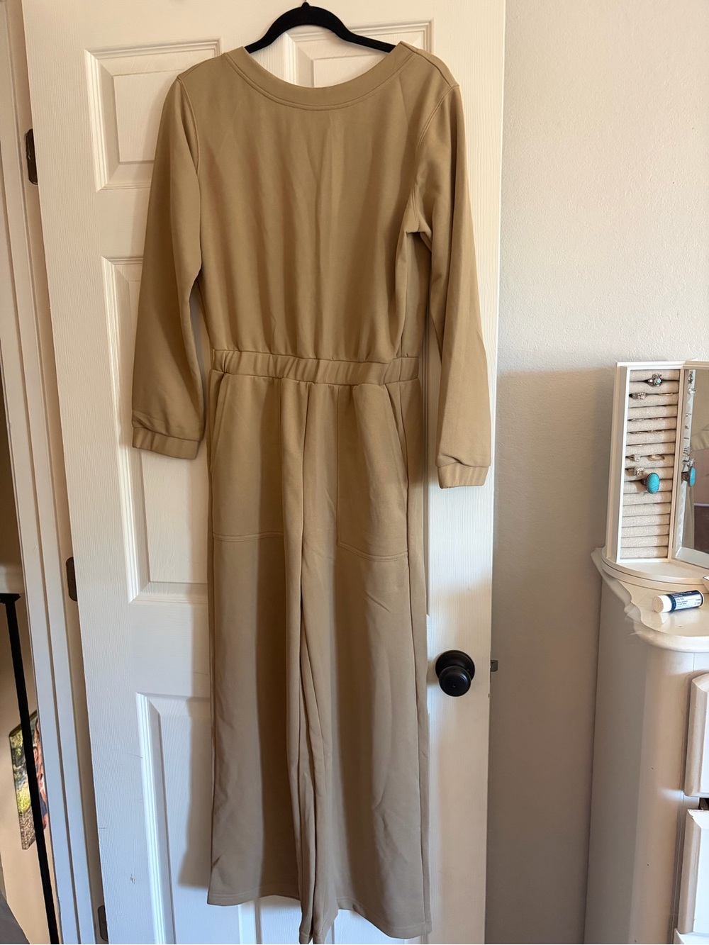 Women's Long-Sleeve Tan Jumpsuit with Elastic Waist